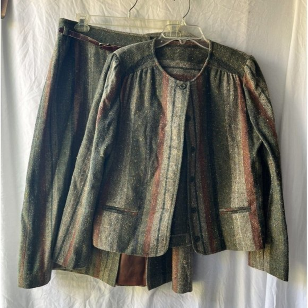 Vintage Wool Blend Skirt Suit Set Striped Midi A-Line Jacket Retro Office